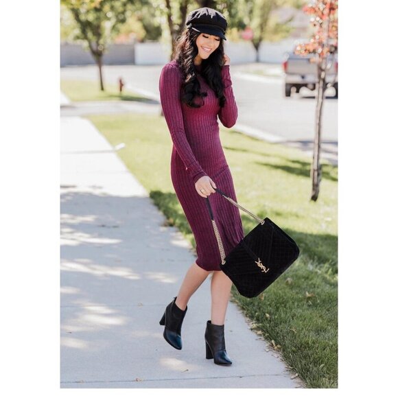 Rachel Parcell Sweater Midi Dress Stretch Small Wine Red Rib Knit Long Sleeve - Picture 5 of 10